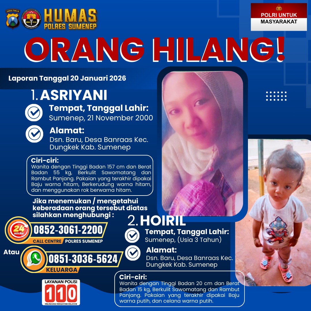 Ibu Muda dan Anak Balita Dilaporkan Hilang, Polres Sumenep Sebar Poster Pencarian